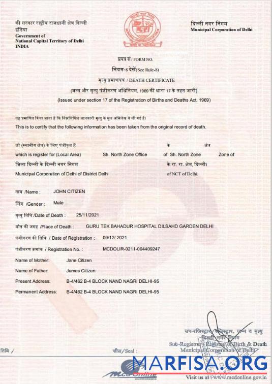 Printable India death certificate template in Word and PDF format